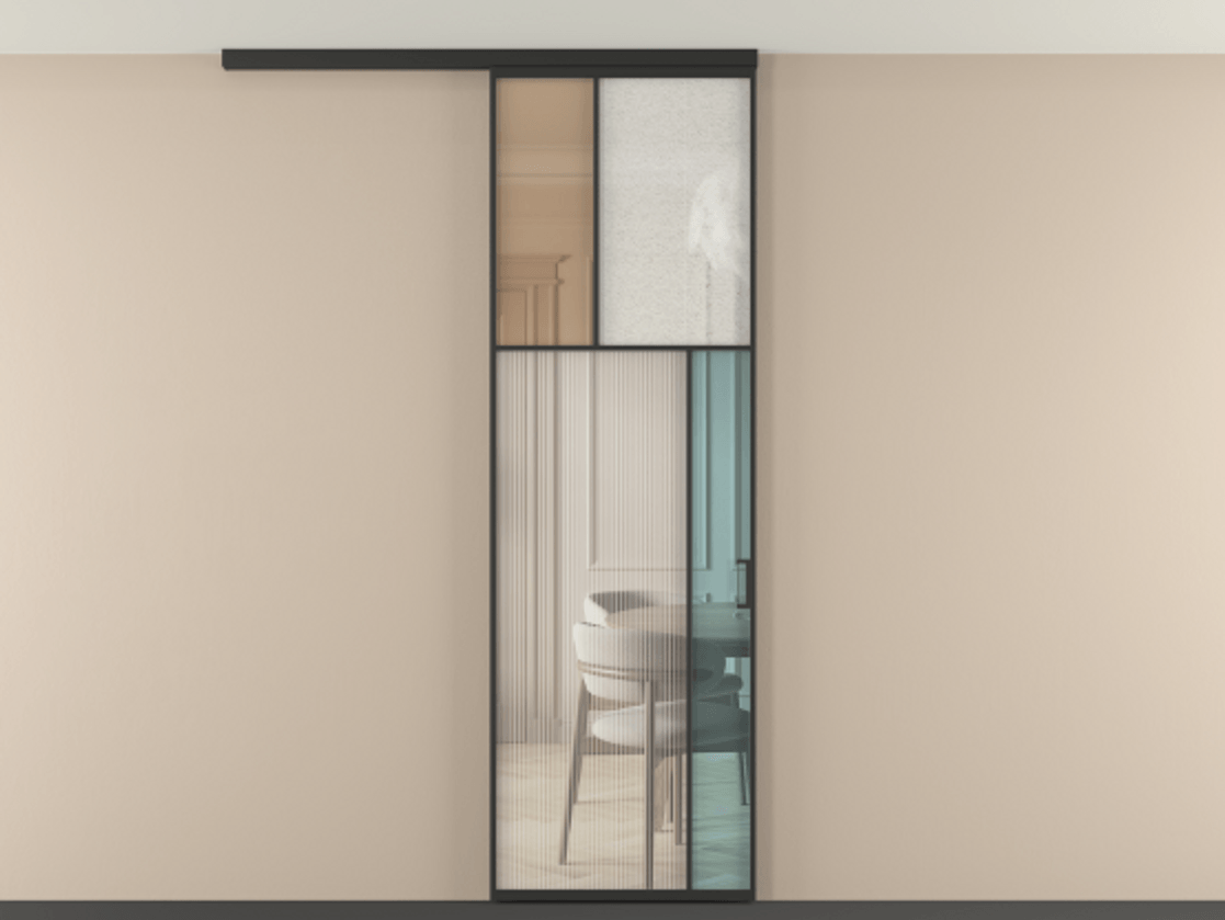 Перегородка Мозаик вдоль стены на потолок 1 створка АЛПР 041.23 Алюминий Черный Комбинация стекол Группы 1 и Группы 3 Цена 27518680 so'm | Volhovec