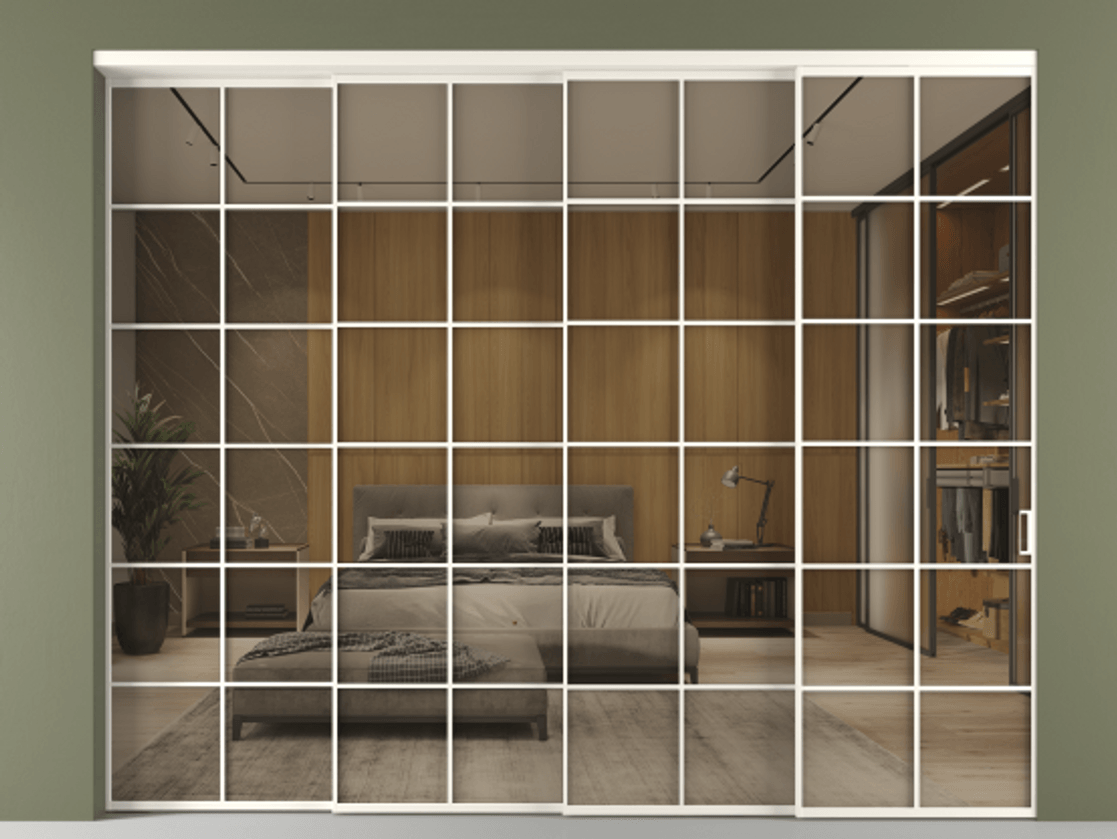 Перегородка Формато внутри проёма 4 створки с синхронным механизмом АЛПР 040.05 Алюминий пудровый белый Рефлективное бронзовое стекло "Стопсол", калёное. Цена 104398840 so'm 1. Полотно 4 шт. (800/2100 мм)
2. Комплект установки раздвижной системы
3. Базовый комплект фурнитуры
4. Комплект фурнитуры телескопик синхро-3
5. Ручка Рондо. Фабрика дверей Волховец 8 (800) 551 43 19 Перегородка Формато внутри проёма 4 створки с синхронным механизмом АЛПР 040.05 Алюминий пудровый белый Рефлективное бронзовое стекло "Стопсол", калёное Цена 104398840 so'm | Volhovec