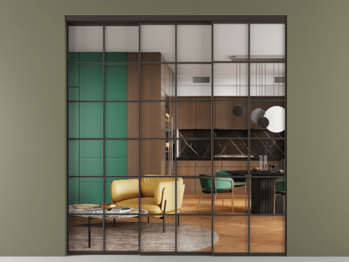 Перегородка Formato внутри проёма 3 створки с синхронным механизмом АЛПР 040.05 Алюминий антрацит Прозрачное стекло "Crystal Vision", калёное Цена 88711000 so'm  | Volhovec