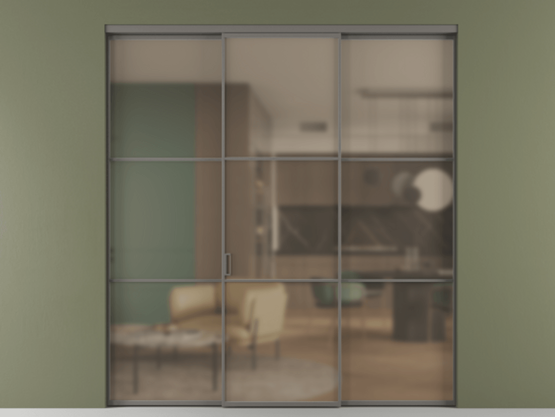 Перегородка Формато внутри проёма 3 створки АЛПР 040.03 Алюминий классический серый Сатинированное бронзовое стекло, триплекс Цена 48166830 so'm | Volhovec