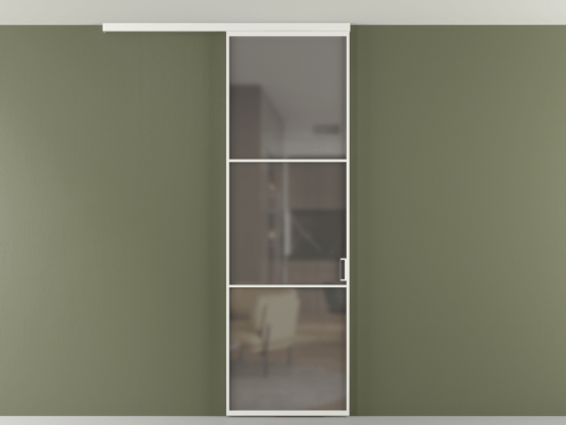 Перегородка Формато вдоль стены на потолок 1 створка АЛПР 040.03 Алюминий светло-серый Сатинированное серое стекло, триплекс Цена 19662170 so'm | Volhovec