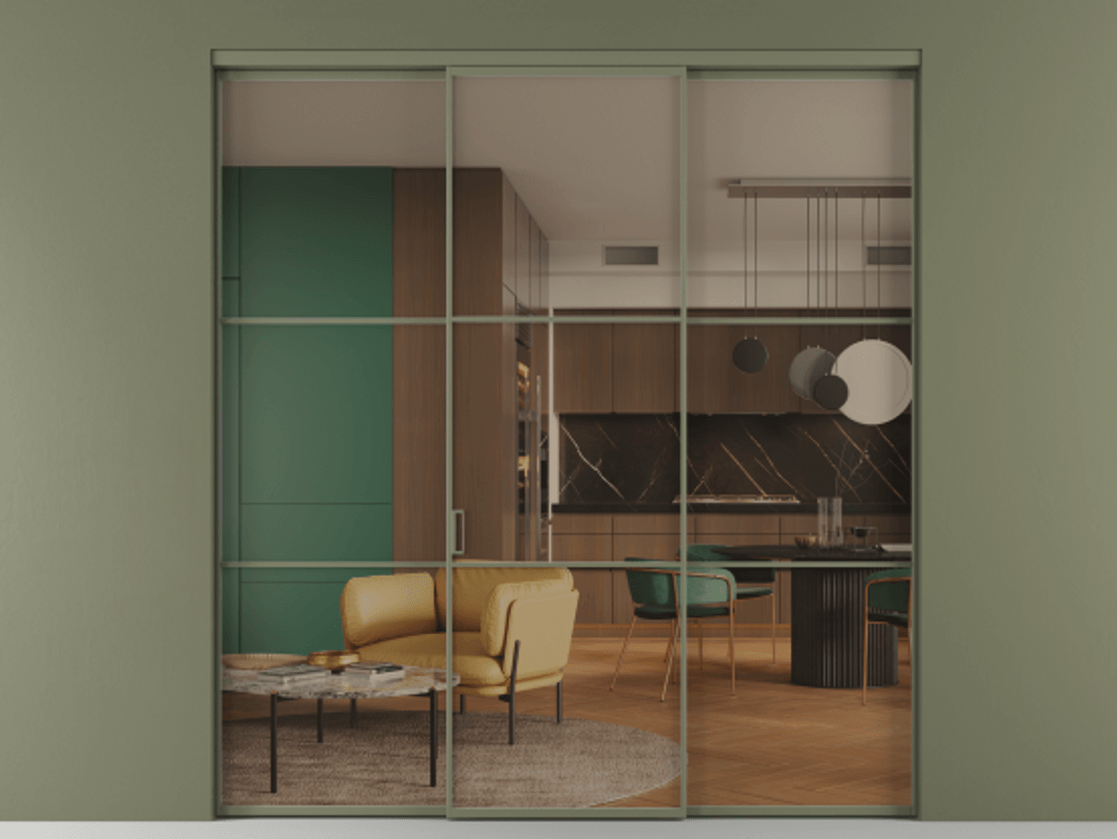 Перегородка Formato внутри проёма 3 створки АЛПР 040.03 Алюминий оливковый тёмный Прозрачное бронзовое стекло, триплекс Цена 48166830 so'm | Volhovec