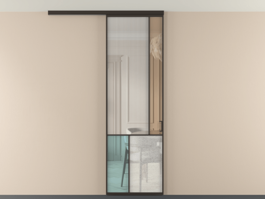 Перегородка Мозаик вдоль стены на потолок 1 створка АЛПР 041.21 Алюминий антрацит Комбинация стекол Группы 1 и Группы 3 Цена 28631120 so'm | Volhovec