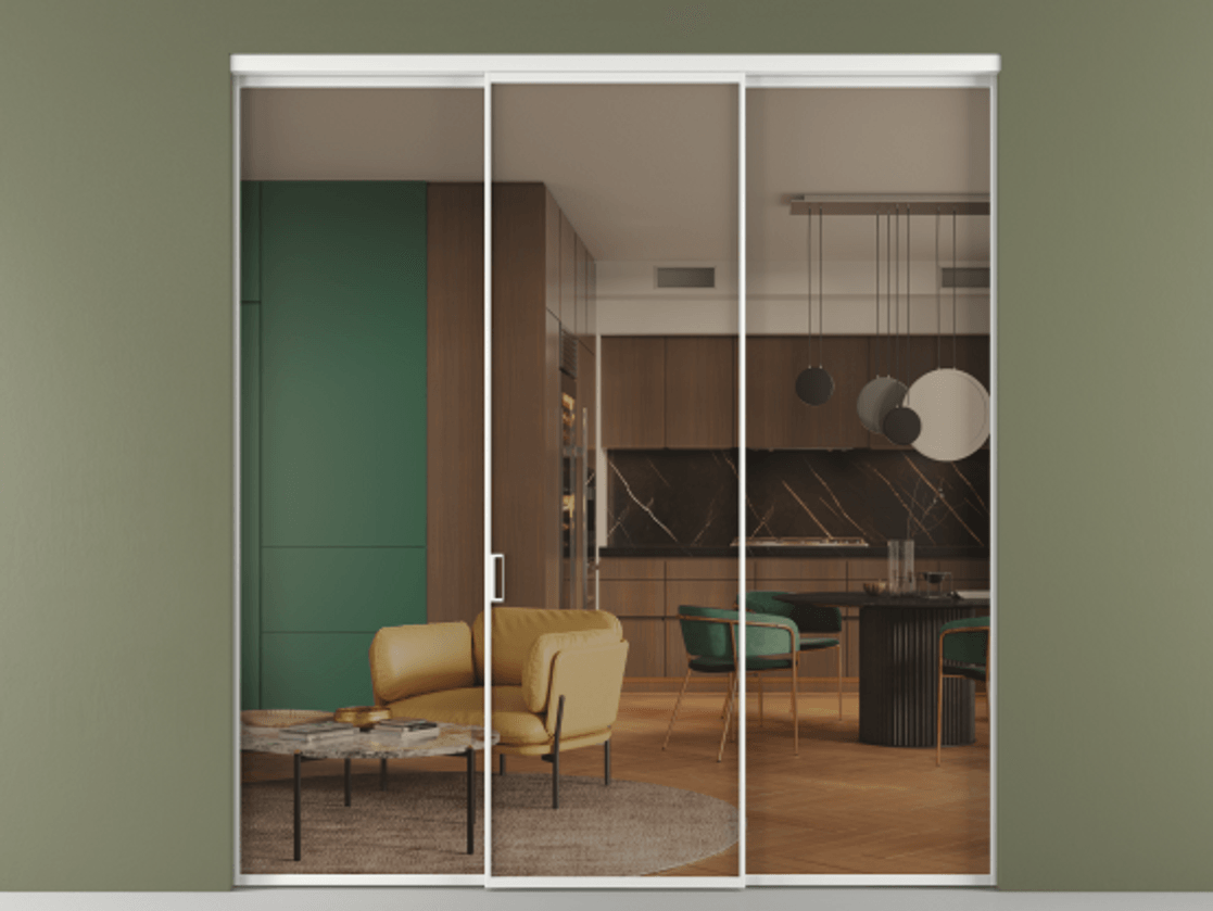 Перегородка Формато внутри проёма 3 створки АЛПР 040.01 Алюминий белоснежный Прозрачное бронзовое стекло, триплекс Цена 45700380 so'm | Volhovec