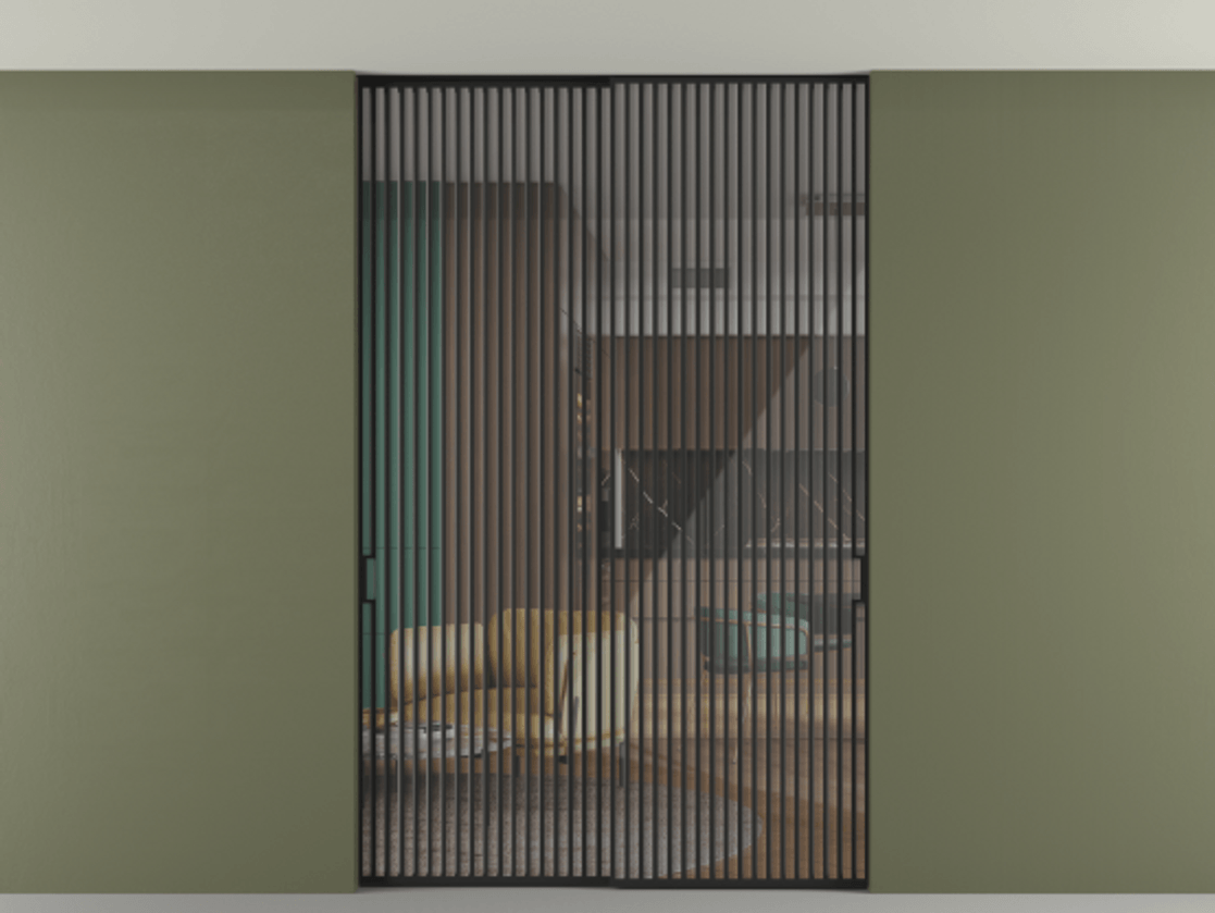 Перегородка Формато внутри проёма скрытое крепление в потолок 2 створки АЛПР 040.06 Алюминий Черный Рефлективное прозрачное стекло "Стопсол", калёное Цена 102080580 so'm | Volhovec