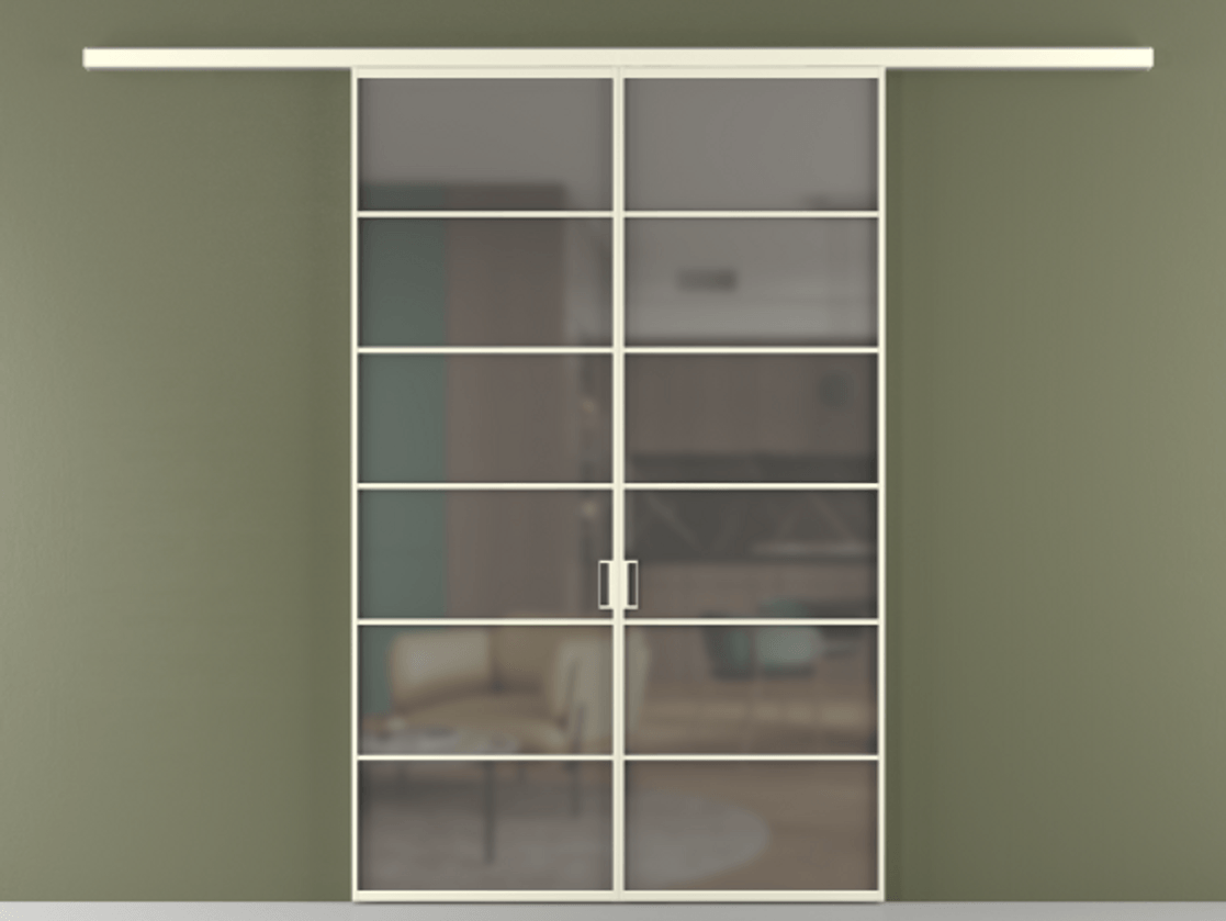 Перегородка Формато вдоль стены 2 створки АЛПР 040.04 Алюминий молочно-белый Сатинированное серое стекло, триплекс Цена 42051450 so'm | Volhovec