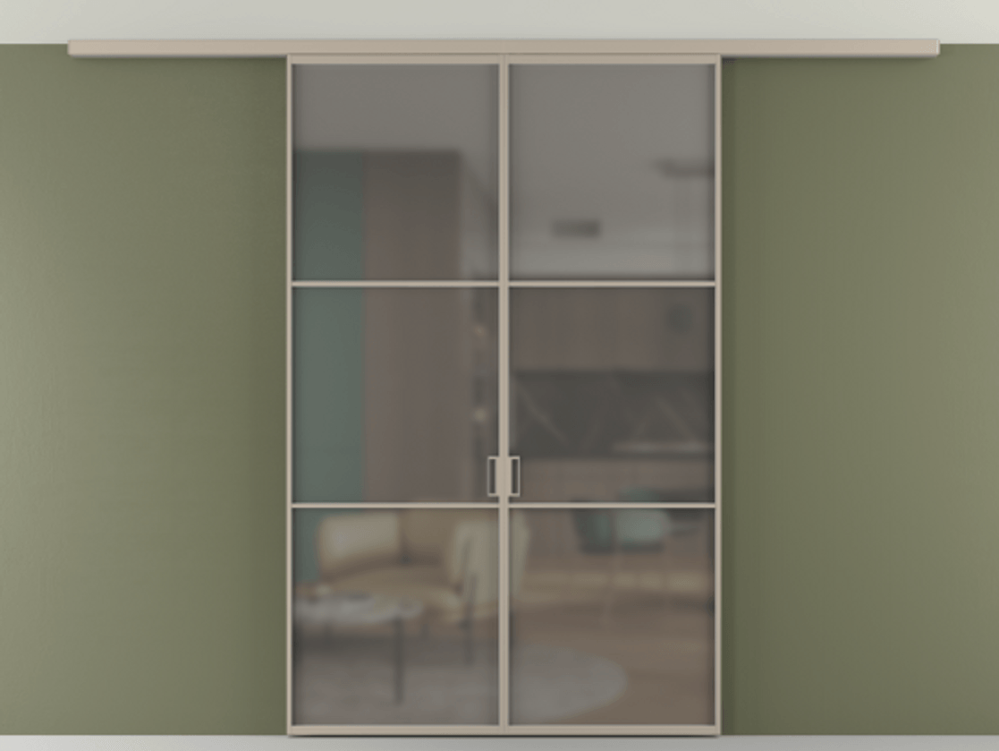 Перегородка Формато вдоль стены на потолок 2 створки АЛПР 040.03 Алюминий бисквитный Сатинированное серое стекло, триплекс Цена 46267760 so'm | Volhovec