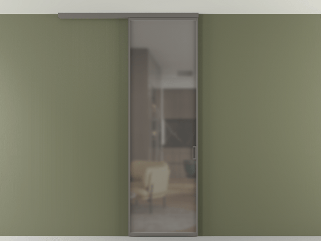 Перегородка Формато вдоль стены на потолок 1 створка АЛПР 040.01 Алюминий классический серый Сатинированное серое стекло, триплекс Цена 18757810 so'm | Volhovec