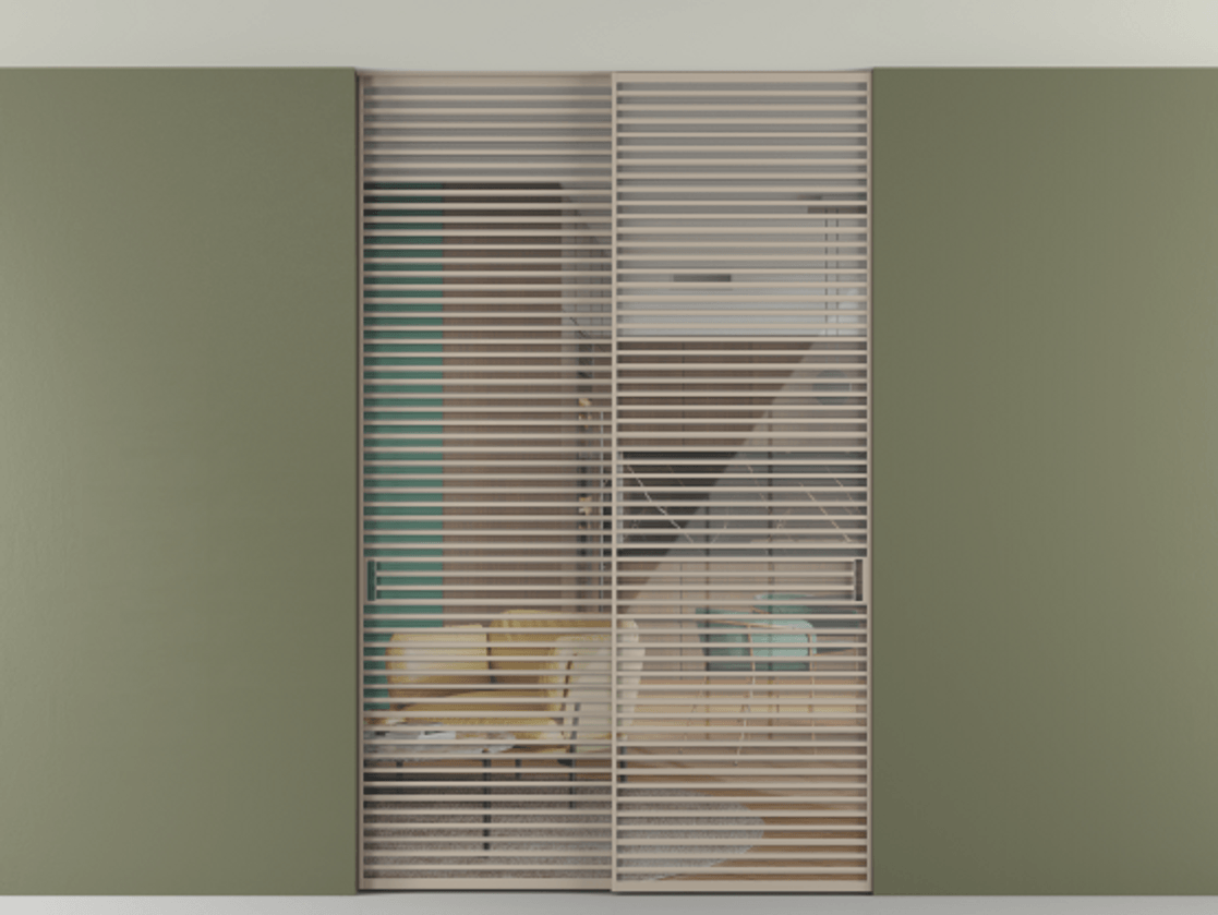 Перегородка Формато внутри проёма скрытое крепление в потолок 2 створки АЛПР 040.07 Алюминий бисквитный Рефлективное прозрачное стекло "Стопсол", калёное Цена 105787360 so'm | Volhovec