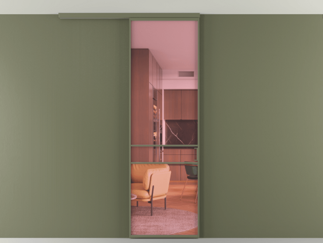 Перегородка Formato вдоль стены на потолок 1 створка АЛПР 040.02 Алюминий оливковый тёмный Прозрачное розовое стекло, триплекс Цена 20500540 so'm | Volhovec