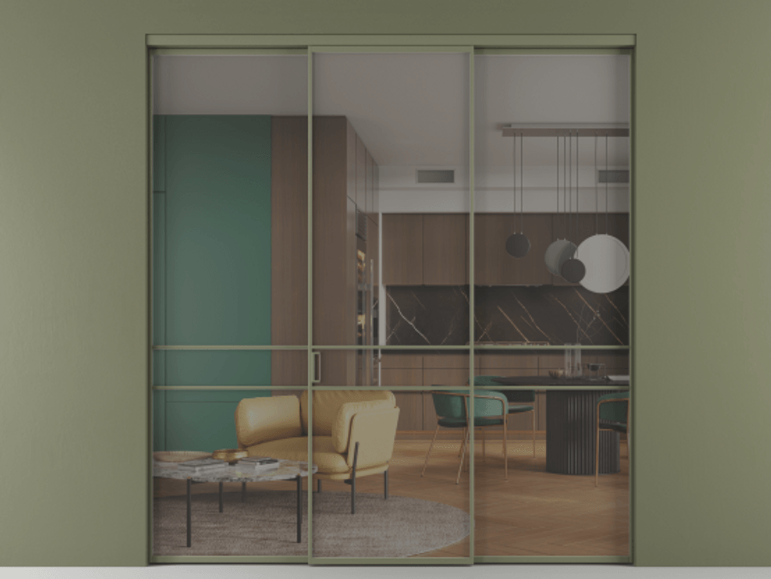 Перегородка Формато внутри проёма 3 створки АЛПР 040.02 Алюминий оливковый тёмный Прозрачное серое стекло, триплекс Цена 48166830 so'm | Volhovec