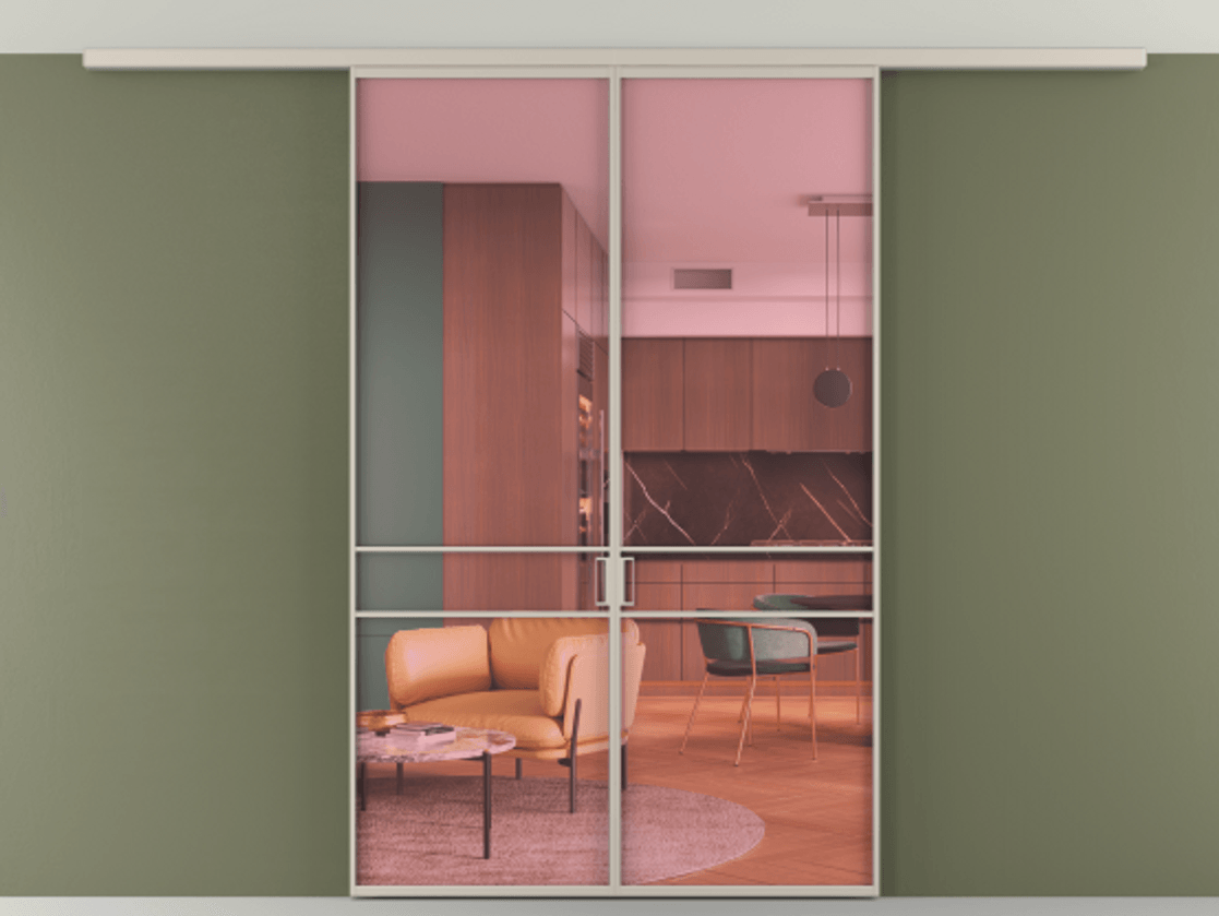 Перегородка Formato вдоль стены на потолок 2 створки АЛПР 040.02 Алюминий светло-бежевый Прозрачное розовое стекло, триплекс Цена 46267760 so'm | Volhovec