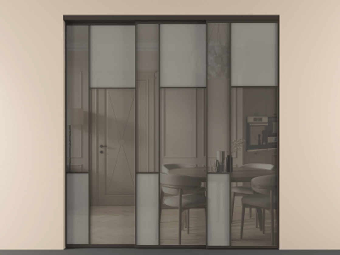 Перегородка Mosaic внутри проёма 3 створки с синхронным механизмом АЛПР 041.11 Алюминий антрацит Сатинированное серое стекло, триплекс, 6 мм + Прозрачное серое стекло, триплекс Цена 88790170 so'm | Volhovec