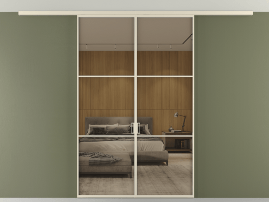 Перегородка Формато вдоль стены на потолок 2 створки АЛПР 040.03 Алюминий бежево-серый Рефлективное бронзовое стекло "Стопсол", калёное Цена 49515760 so'm | Volhovec