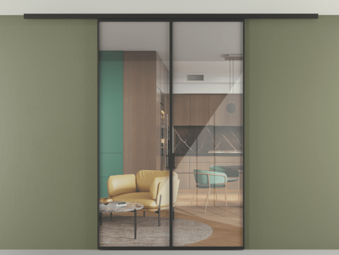 Перегородка Формато вдоль стены на потолок 2 створки АЛПР 040.01 Алюминий Черный Рефлективное прозрачное стекло "Стопсол", калёное Цена 45362380 so'm | Volhovec