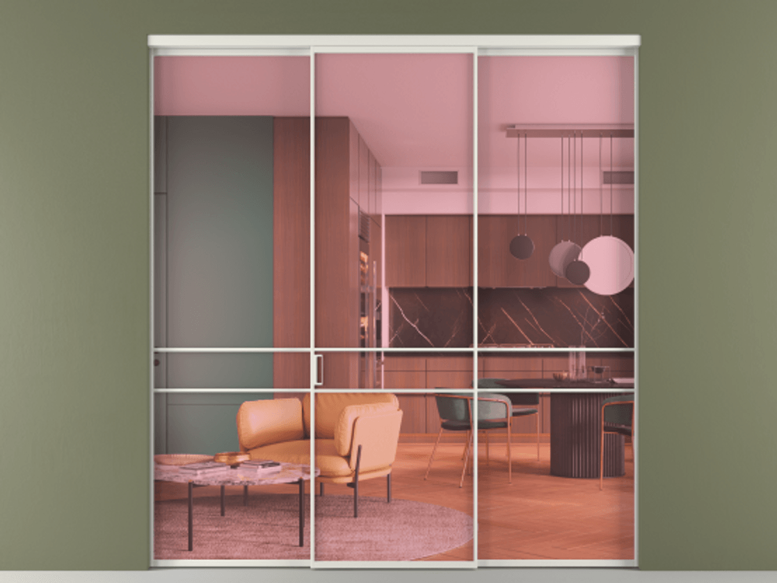 Перегородка Формато внутри проёма 3 створки АЛПР 040.02 Алюминий серый Прозрачное розовое стекло, триплекс Цена 237275 ₽ | Volhovec