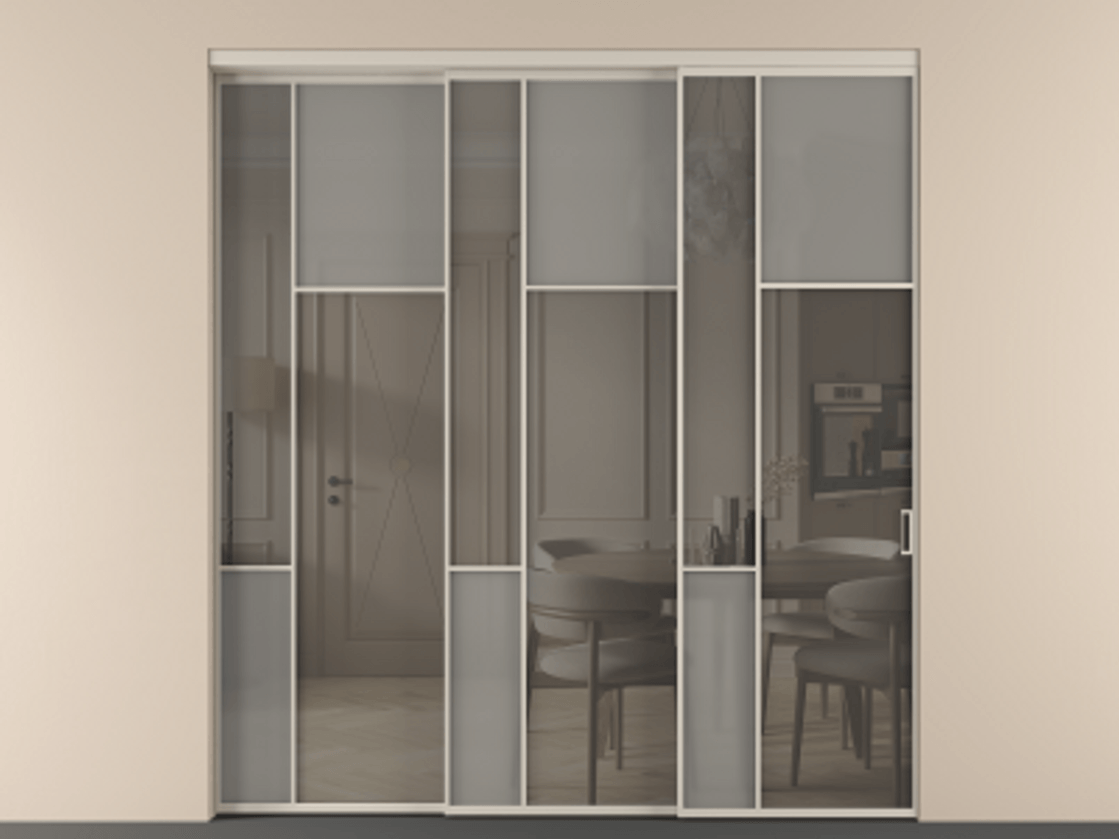 Перегородка Мозаик внутри проёма 3 створки с синхронным механизмом АЛПР 041.11 Алюминий светло-бежевый Сатинированное серое стекло, триплекс, 6 мм + Прозрачное серое стекло, триплекс. Цена 437390 ₽ . Фабрика дверей Волховец 8 (800) 551 43 19 Перегородка Мозаик внутри проёма 3 створки с синхронным механизмом АЛПР 041.11 Алюминий светло-бежевый Сатинированное серое стекло, триплекс, 6 мм + Прозрачное серое стекло, триплекс Цена 437390 ₽ | Volhovec