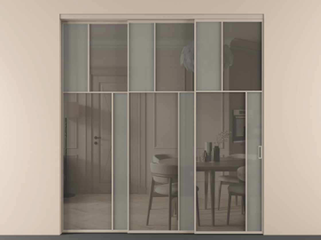 Перегородка Mosaic внутри проёма 3 створки с синхронным механизмом АЛПР 041.23 Алюминий бисквитный Сатинированное серое стекло, триплекс, 6 мм + Прозрачное серое стекло, триплекс Цена 88790170 so'm | Volhovec