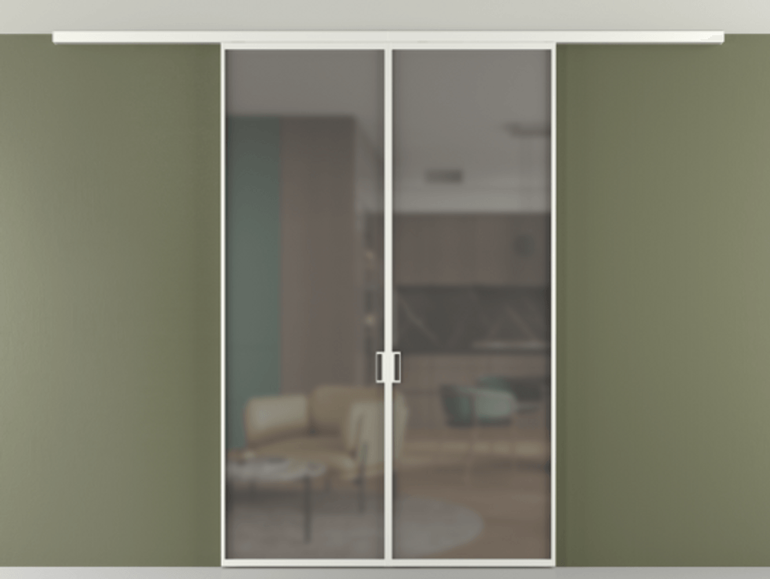 Перегородка Формато вдоль стены на потолок 2 створки АЛПР 040.01 Алюминий светло-серый Сатинированное серое стекло, триплекс Цена 36074120 so'm | Volhovec