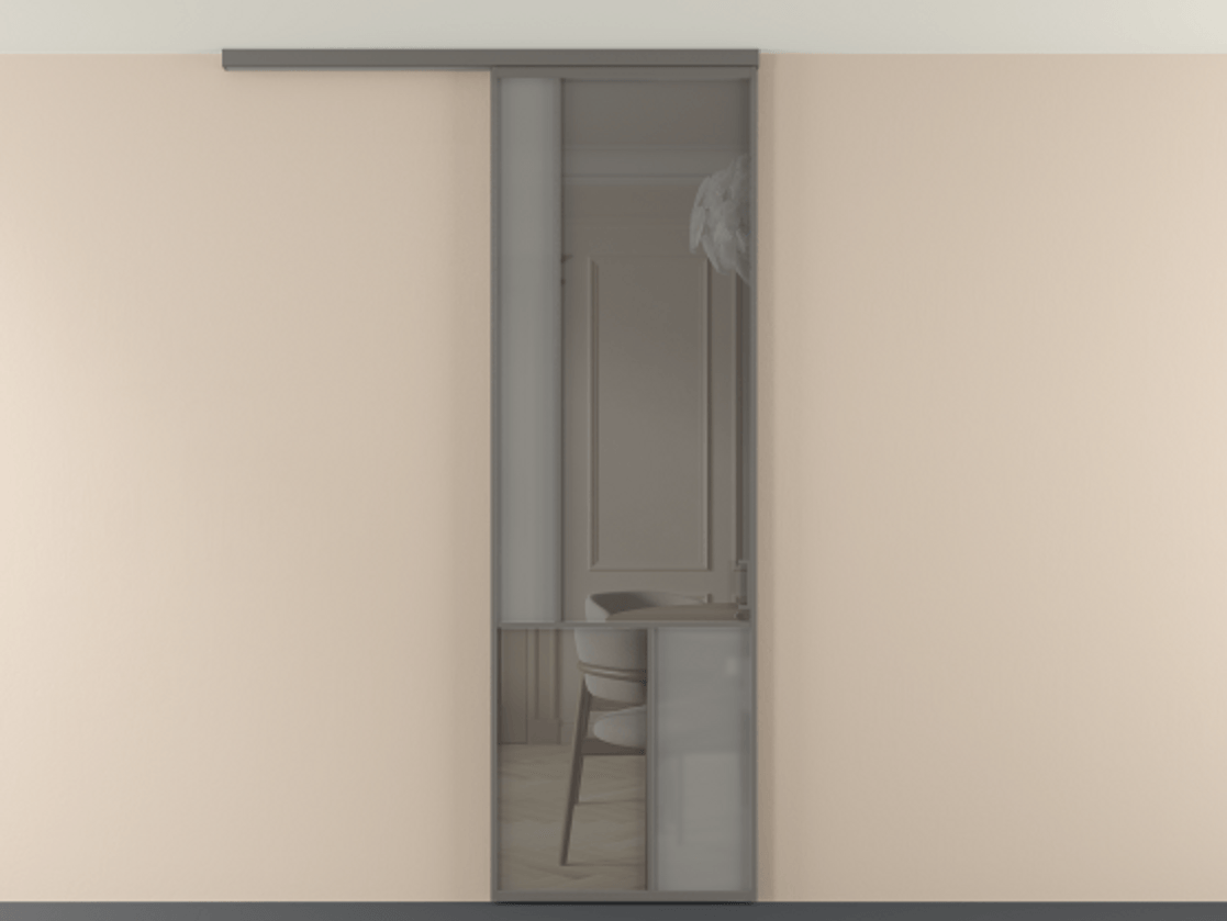 Перегородка Мозаик вдоль стены на потолок 1 створка АЛПР 041.20 Алюминий классический серый Сатинированное серое стекло, триплекс, 6 мм + Прозрачное серое стекло, триплекс Цена 27413120 so'm | Volhovec