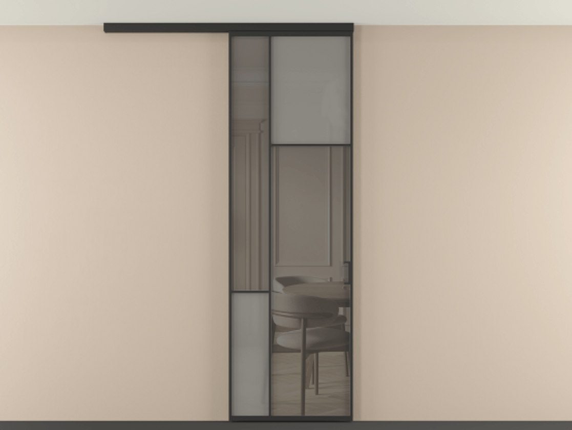 Перегородка Mosaic вдоль стены на потолок 1 створка АЛПР 041.11 Алюминий Черный Сатинированное серое стекло, триплекс, 6 мм + Прозрачное серое стекло, триплекс Цена 26300680 so'm | Volhovec