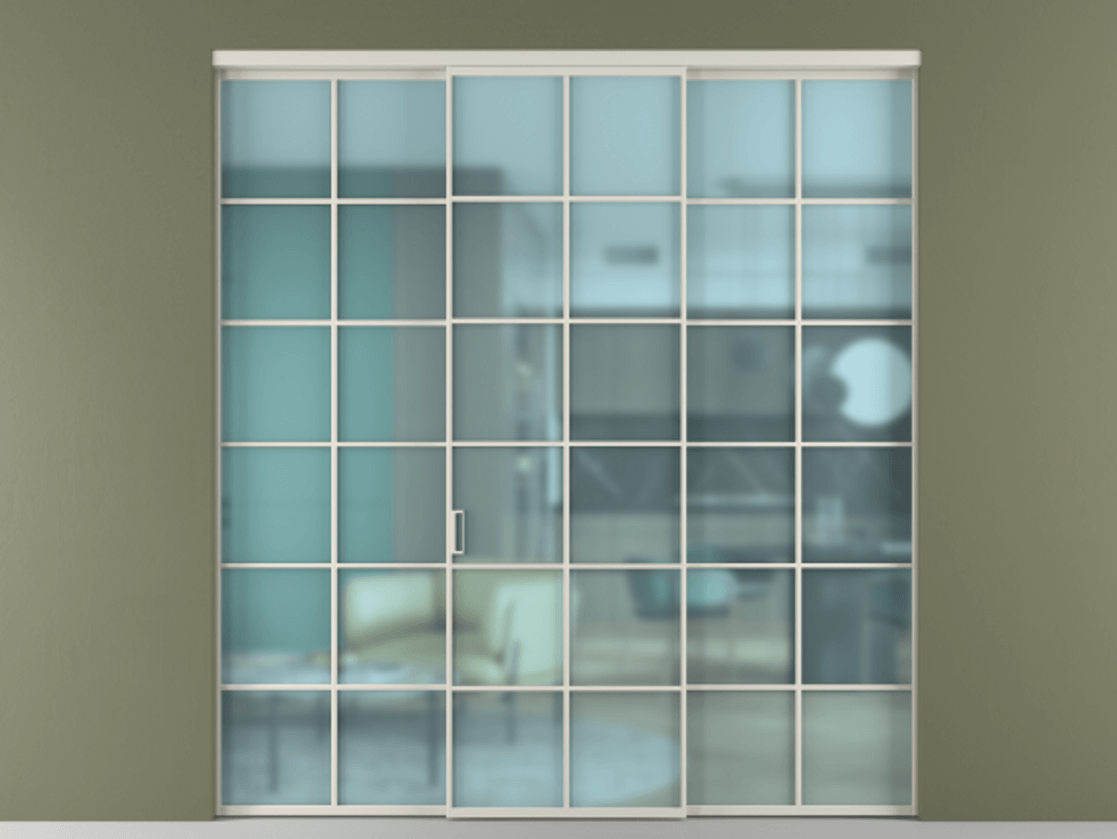 Перегородка Formato внутри проёма 3 створки АЛПР 040.05 Алюминий облачно-серый Сатинированное голубое стекло, триплекс Цена 254825 ₽ | Volhovec