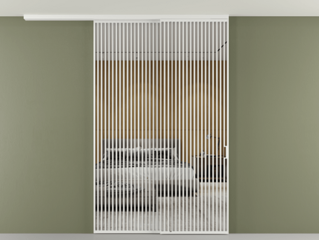 Перегородка Формато вдоль стены на потолок 2 створки с синхронным механизмом АЛПР 040.06 Алюминий белоснежный Двустороннее зеркало, триплекс , триплекс 6 мм Цена 91442570 so'm | Volhovec