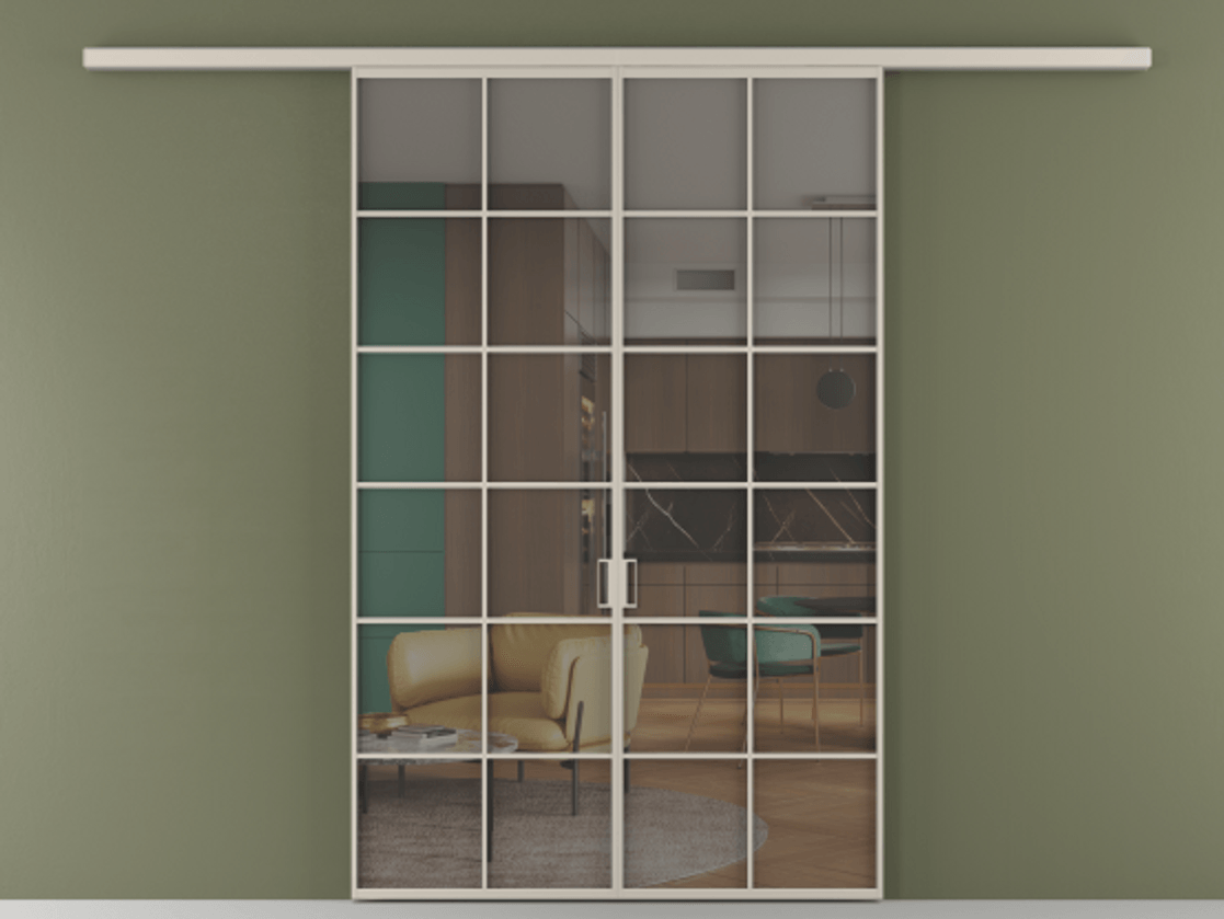 Перегородка Formato вдоль стены 2 створки АЛПР 040.05 Алюминий светло-бежевый Прозрачное серое стекло, триплекс Цена 50465800 so'm | Volhovec