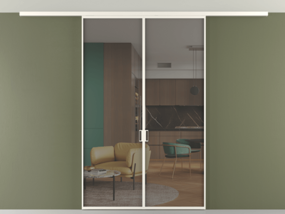 Перегородка Формато вдоль стены на потолок 2 створки АЛПР 040.01 Алюминий пудровый белый Прозрачное серое стекло, триплекс Цена 36074120 so'm | Volhovec