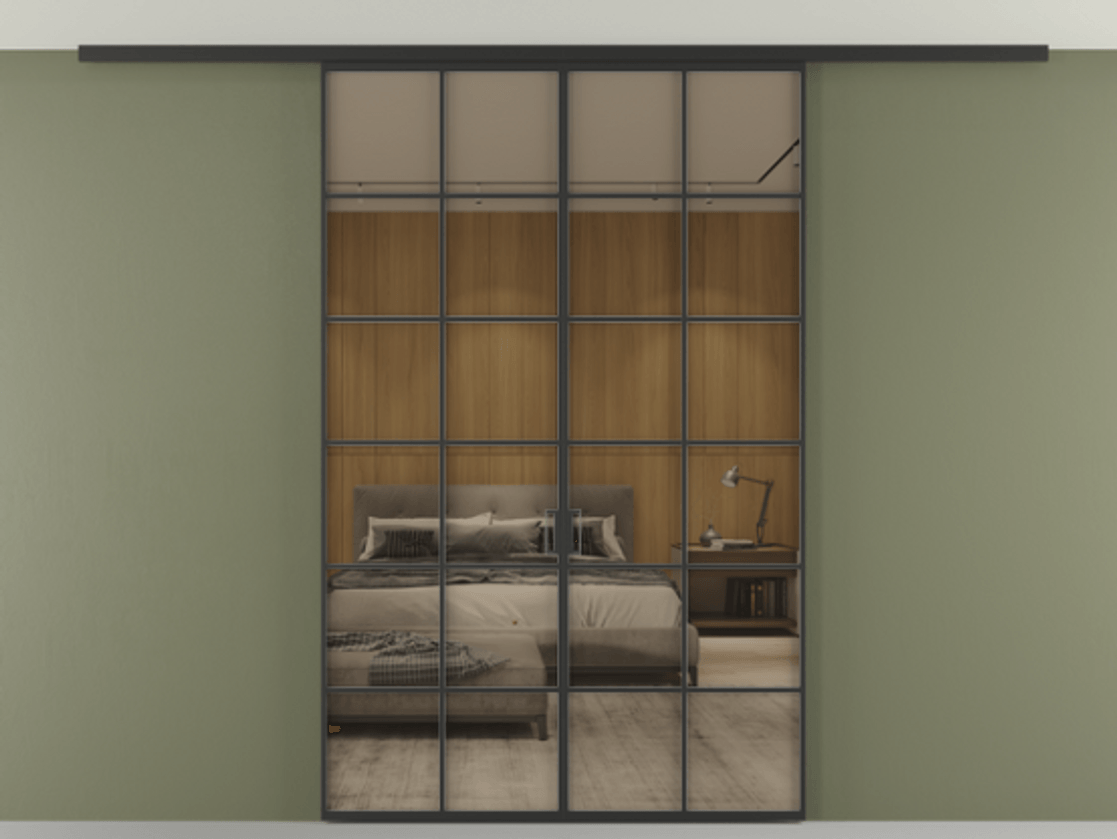 Перегородка Формато вдоль стены на потолок 2 створки АЛПР 040.05 Алюминий Черный Рефлективное бронзовое стекло "Стопсол", калёное Цена 50989540 so'm | Volhovec