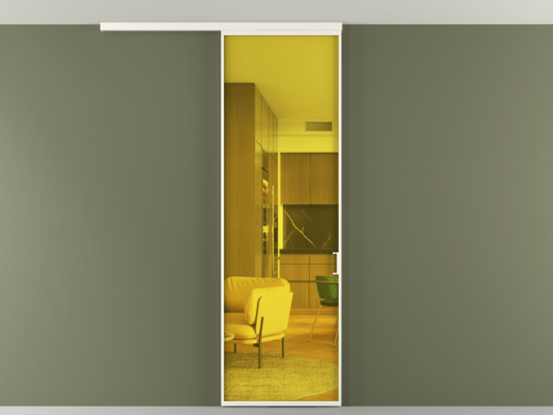 Перегородка Формато вдоль стены на потолок 1 створка АЛПР 040.01 Алюминий пудровый белый Прозрачное жёлтое стекло, триплекс Цена 18757780 so'm | Volhovec