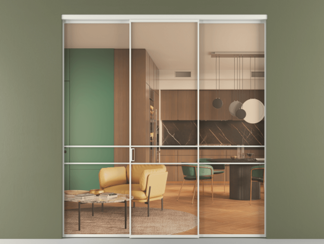 Перегородка Formato внутри проёма 3 створки АЛПР 040.02 Алюминий серый Прозрачное оранжевое стекло, триплекс Цена 48166830 so'm | Volhovec