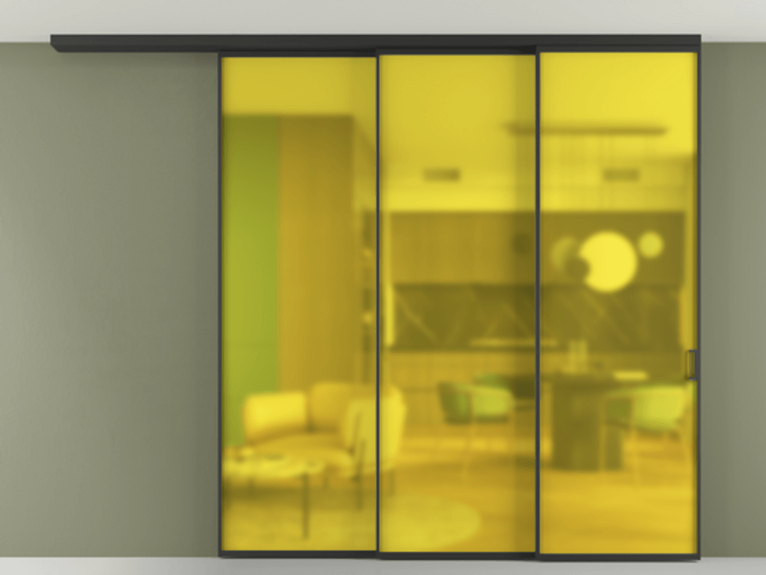 Перегородка Формато вдоль стены на потолок 3 створки с синхронным механизмом АЛПР 040.01 Алюминий Черный Сатинированное жёлтое стекло, триплекс Цена 73817330 so'm | Volhovec