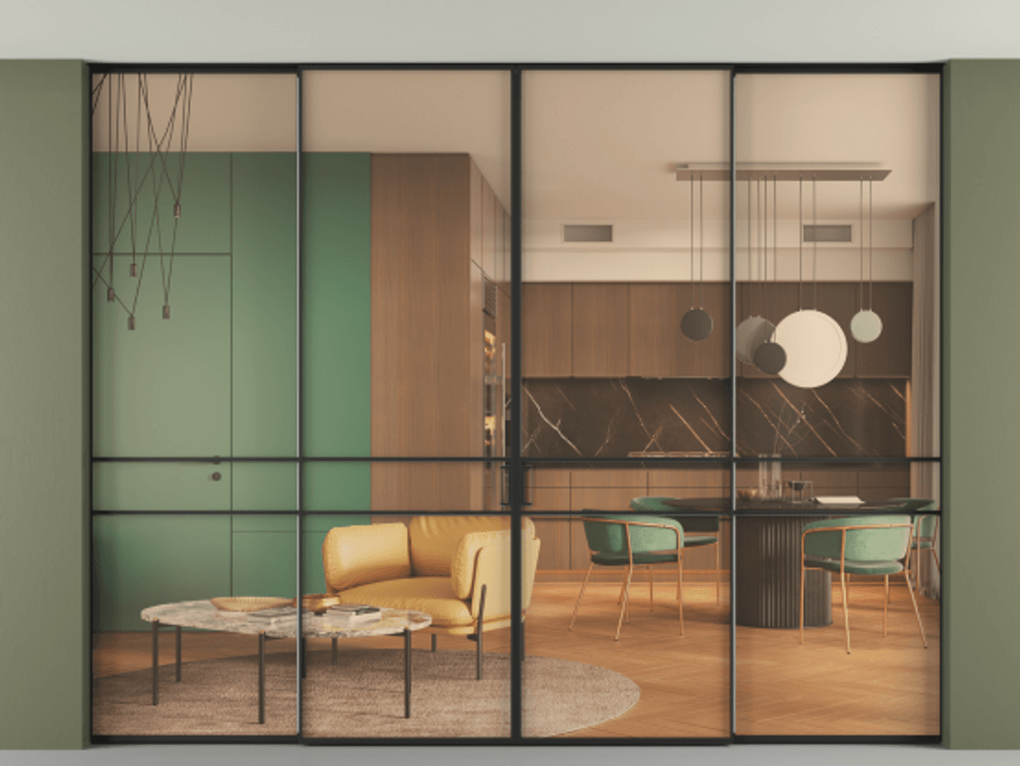 Перегородка Formato внутри проёма скрытое крепление в потолок 4 створки АЛПР 040.02 Алюминий Черный Прозрачное оранжевое стекло, триплекс Цена 90209140 so'm | Volhovec