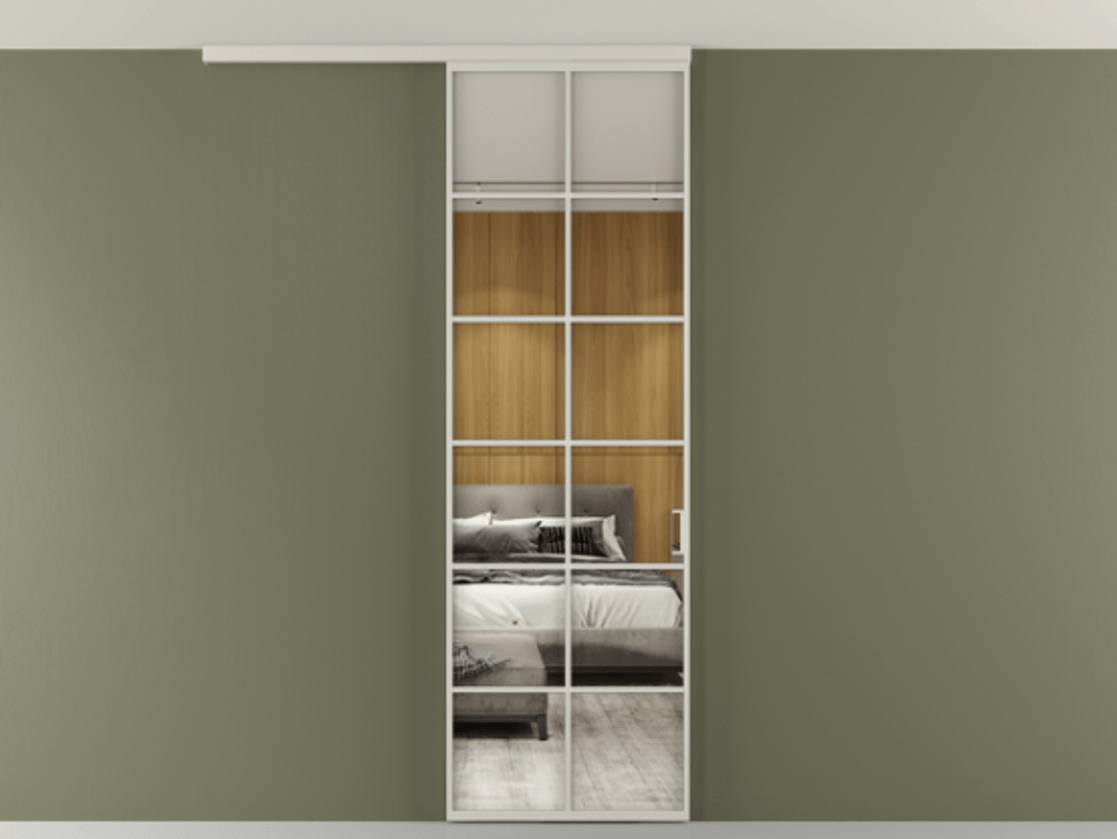 Перегородка Formato вдоль стены на потолок 1 створка АЛПР 040.05 Алюминий тёплый серый Двустороннее зеркало, триплекс , триплекс 6 мм Цена 20968480 so'm | Volhovec