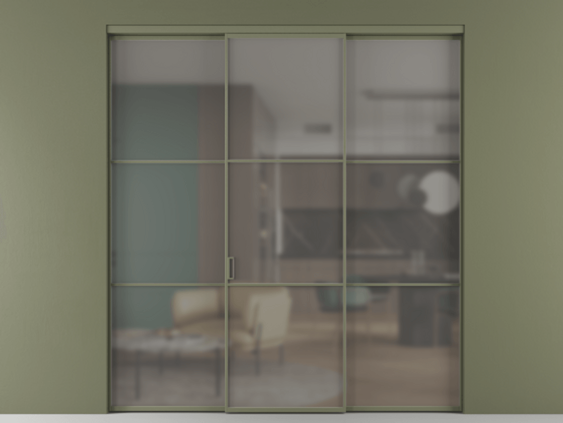 Перегородка Formato внутри проёма 3 створки АЛПР 040.03 Алюминий оливковый тёмный Сатинированное серое стекло, триплекс Цена 48166830 so'm | Volhovec