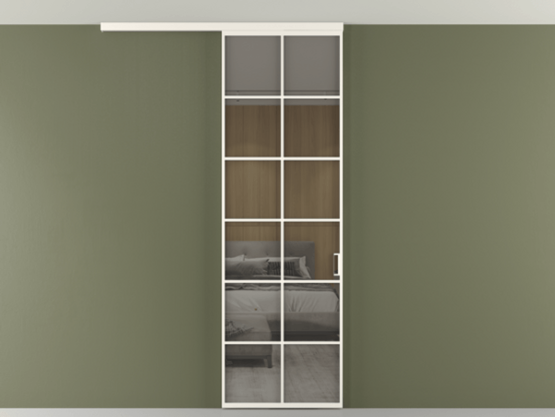 Перегородка Формато вдоль стены на потолок 1 створка АЛПР 040.05 Алюминий пудровый белый Рефлективное серое стекло "Стопсол", калёное Цена 27220270 so'm | Volhovec