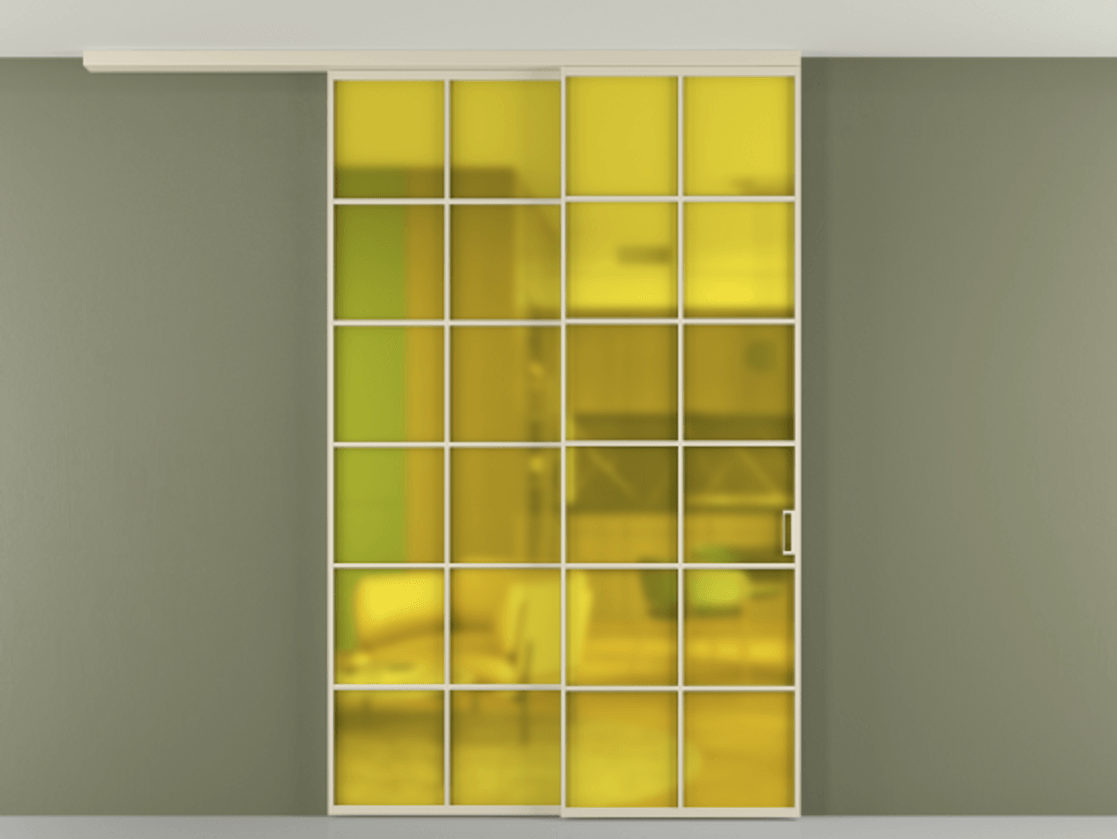 Перегородка Formato вдоль стены на потолок 2 створки с синхронным механизмом АЛПР 040.05 Алюминий бежево-серый Сатинированное жёлтое стекло, триплекс Цена 66620540 so'm | Volhovec