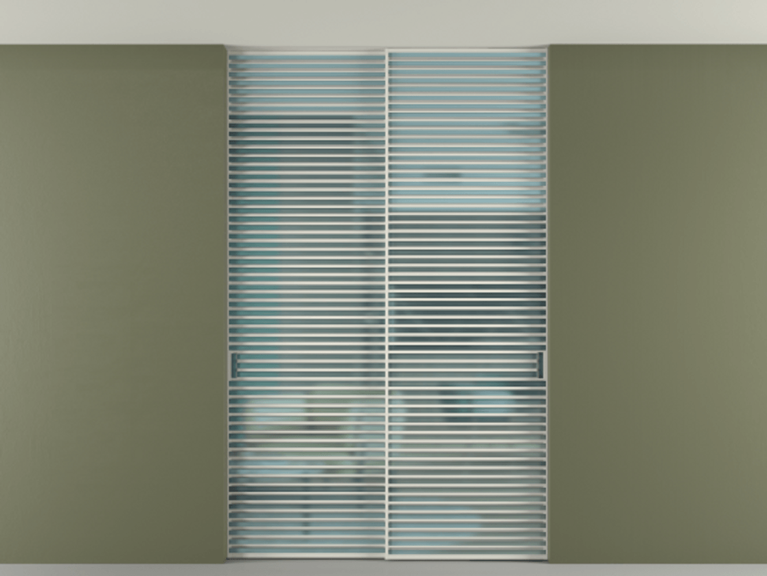 Перегородка Формато внутри проёма скрытое крепление в потолок 2 створки АЛПР 040.07 Алюминий Белый Сатинированное голубое стекло, триплекс Цена 80432660 so'm | Volhovec