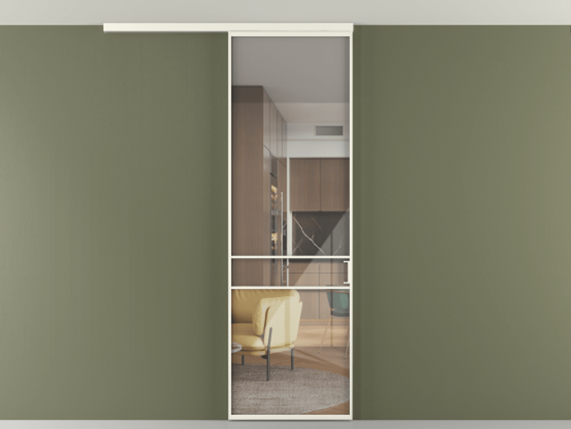 Перегородка Формато вдоль стены на потолок 1 створка АЛПР 040.02 Алюминий жемчужный Рефлективное прозрачное стекло "Стопсол", калёное Цена 25478530 so'm | Volhovec