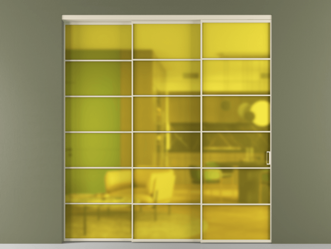 Перегородка Formato внутри проёма 3 створки с синхронным механизмом АЛПР 040.04 Алюминий бежево-серый Сатинированное жёлтое стекло, триплекс Цена 83839000 so'm  | Volhovec