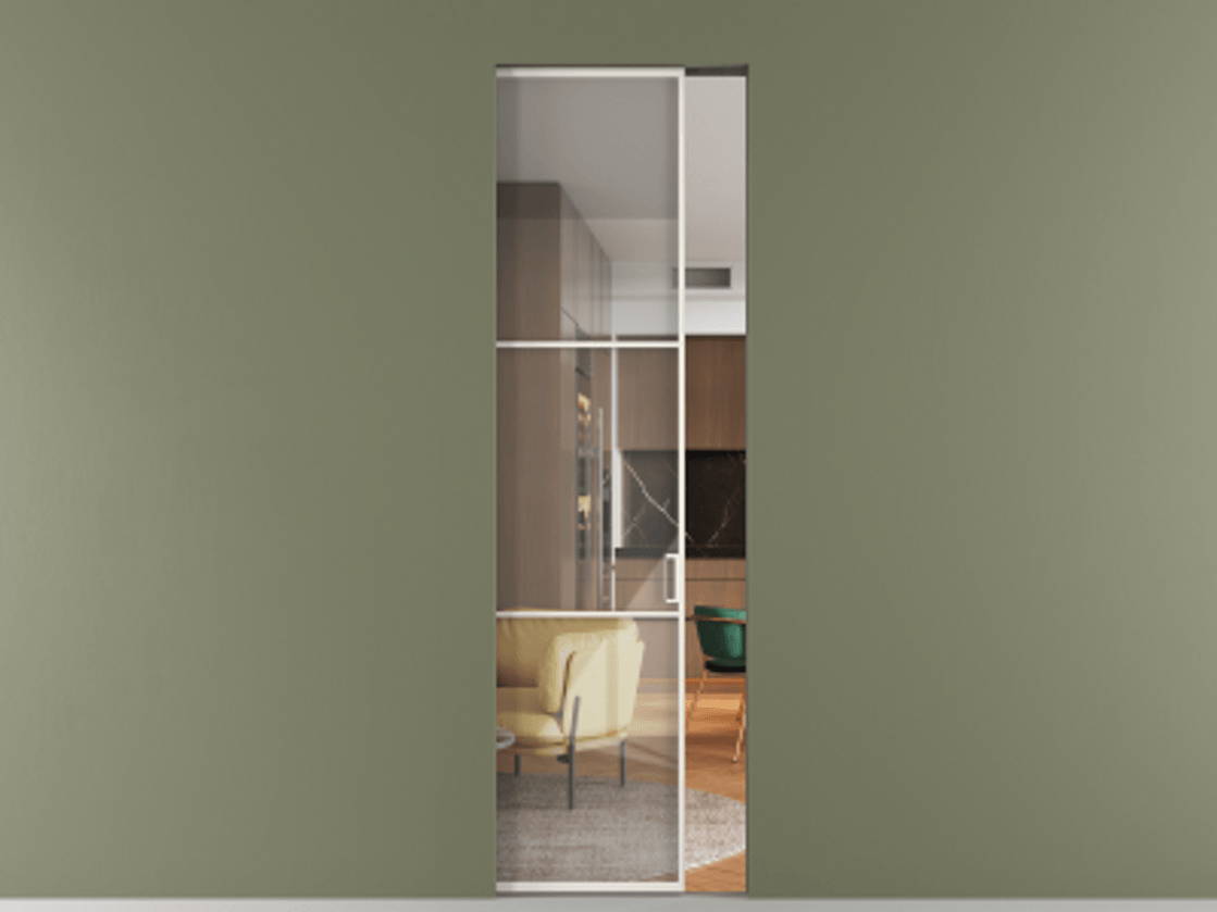 Перегородка Formato скрытый пенал 1 створка АЛПР 040.03 Алюминий пудровый белый Рефлективное прозрачное стекло "Stopsol", калёное Цена 36215200 so'm | Volhovec