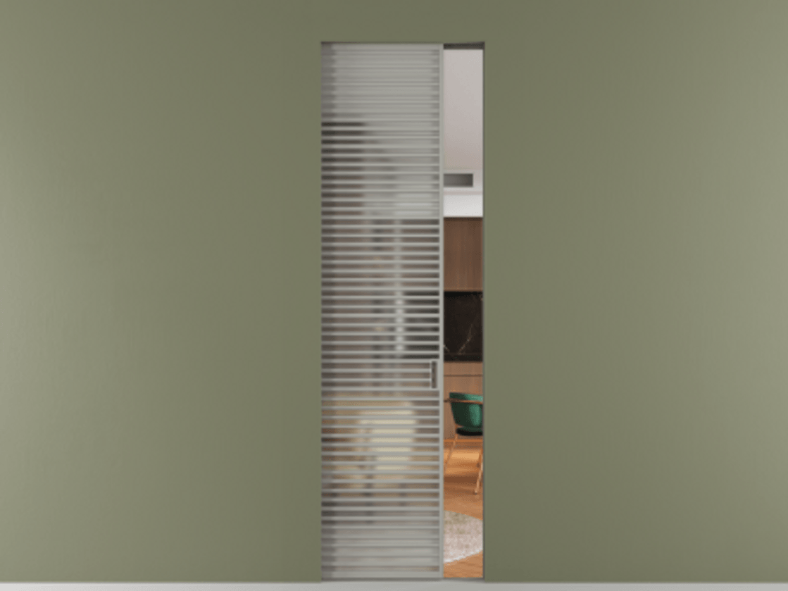 Перегородка Формато скрытый пенал 1 створка АЛПР 040.07 Алюминий нейтральный серый Сатинированное стекло "Мателюкс Кристал Вижн", калёное, матовое, каленое 6 мм Цена 48756540 so'm | Volhovec