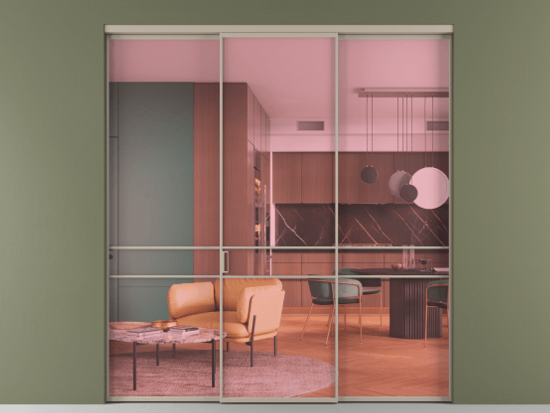 Перегородка Формато внутри проёма 3 створки АЛПР 040.02 Алюминий бисквитный Прозрачное розовое стекло, триплекс Цена 48166830 so'm | Volhovec