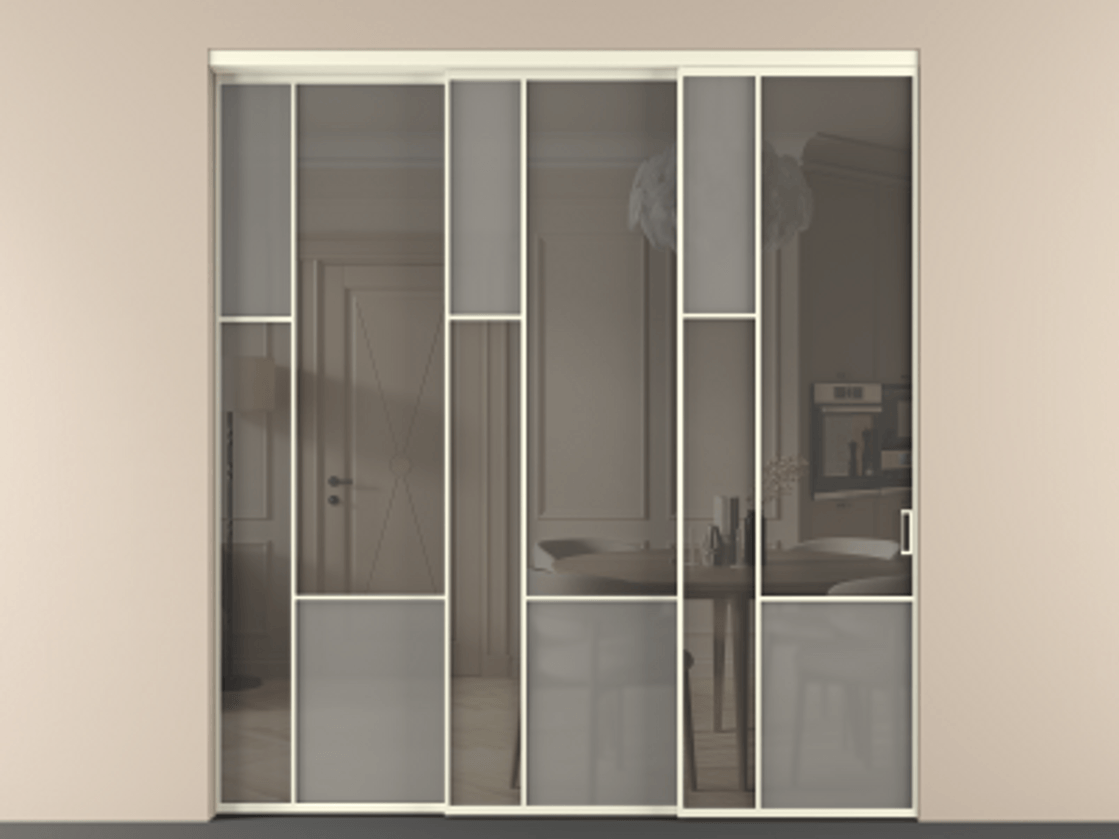 Перегородка Мозаик внутри проёма 3 створки с синхронным механизмом АЛПР 041.13 Алюминий молочно-белый Сатинированное серое стекло, триплекс, 6 мм + Прозрачное серое стекло, триплекс Цена 88790170 so'm | Volhovec