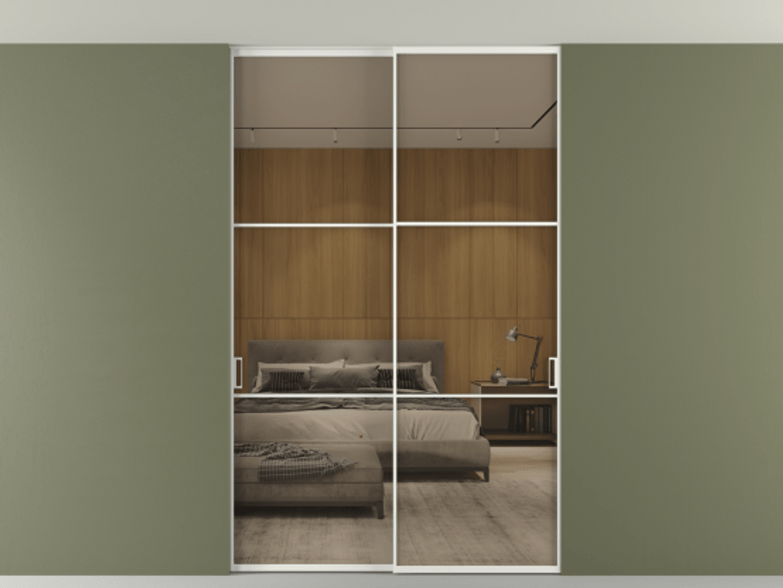 Перегородка Формато внутри проёма скрытое крепление в потолок 2 створки АЛПР 040.03 Алюминий светло-серый Рефлективное бронзовое стекло "Стопсол", калёное Цена 62020560 so'm | Volhovec