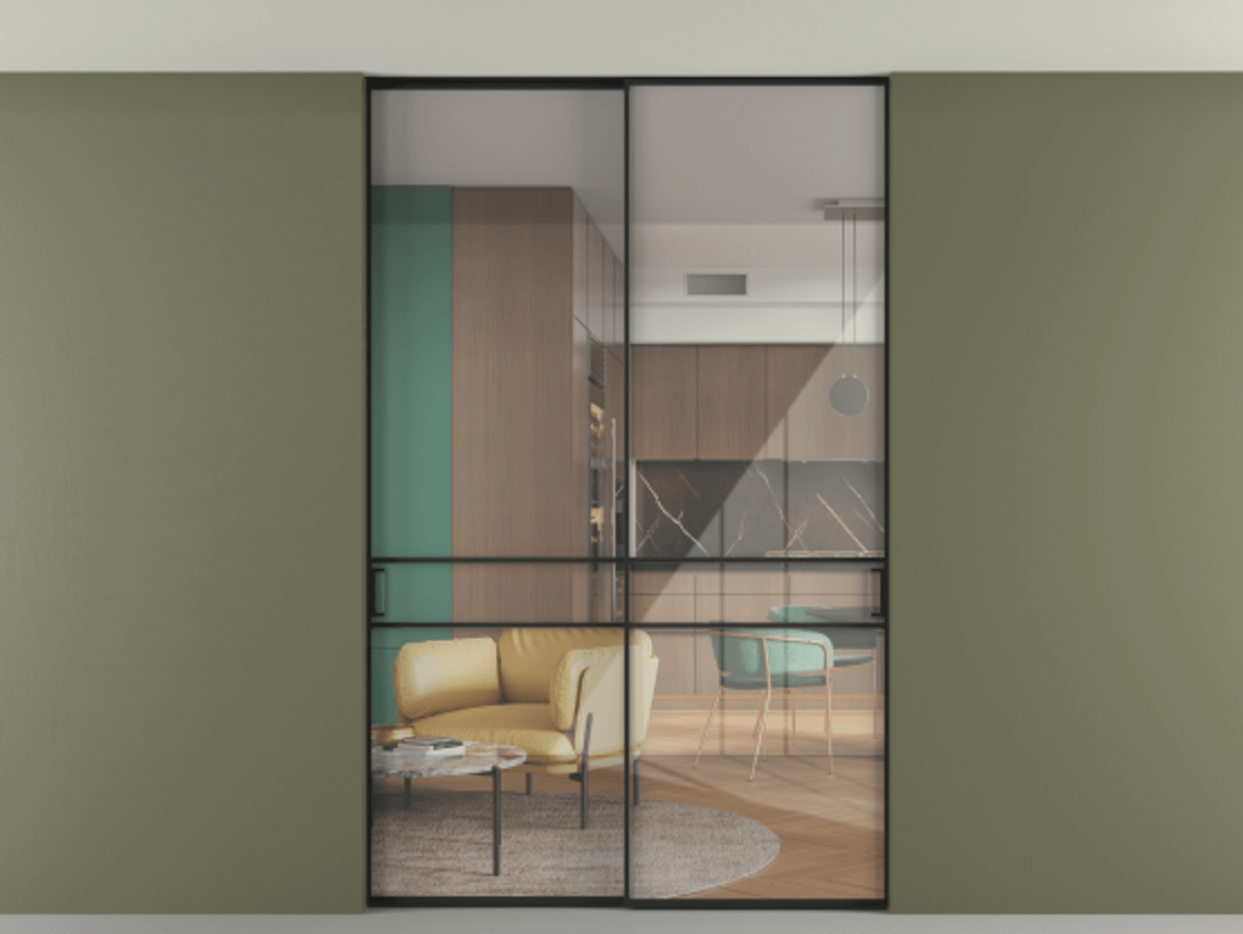 Перегородка Формато внутри проёма скрытое крепление в потолок 2 створки АЛПР 040.02 Алюминий Черный Рефлективное прозрачное стекло "Стопсол", калёное Цена 60412800 so'm | Volhovec