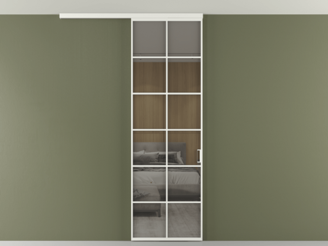 Перегородка Формато вдоль стены на потолок 1 створка АЛПР 040.05 Алюминий светло-серый Рефлективное серое стекло "Стопсол", калёное Цена 27220270 so'm | Volhovec