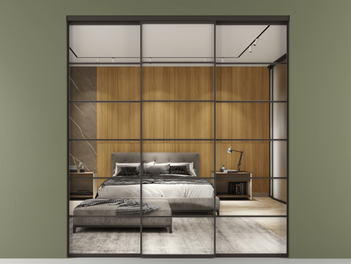 Перегородка Формато внутри проёма 3 створки АЛПР 040.04 Алюминий антрацит Двустороннее зеркало, триплекс , триплекс 6 мм Цена 51729480 so'm | Volhovec