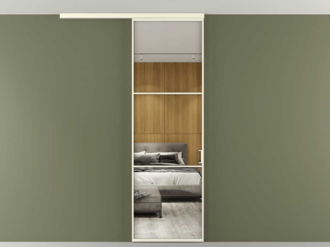 Перегородка Формато вдоль стены на потолок 1 створка АЛПР 040.03 Алюминий молочно-белый Двустороннее зеркало, триплекс , триплекс 6 мм Цена 20500560 so'm | Volhovec